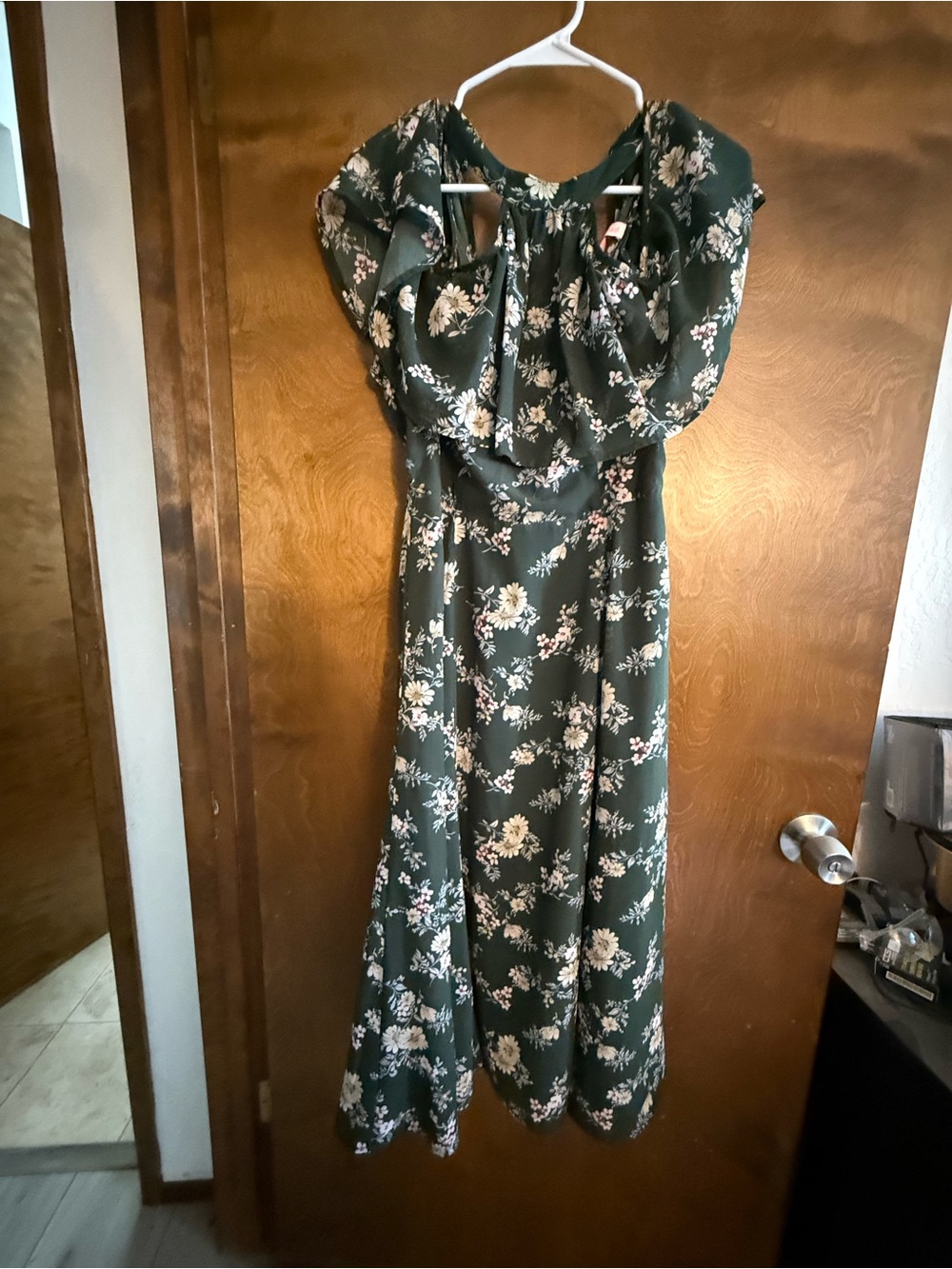 re:named Dark Green Floral Dress with Burgundy Accents